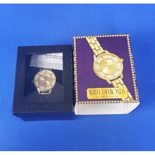 New Elizabeth Taylor White Diamonds Gold Tone Rhinestone Accent Watch